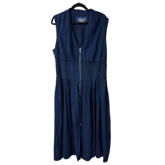 Anthropologie The Tommie Cap-Sleeve Smocked Front-Zip Shirt Dress Midi Denim 1X - Picture 2 of 9